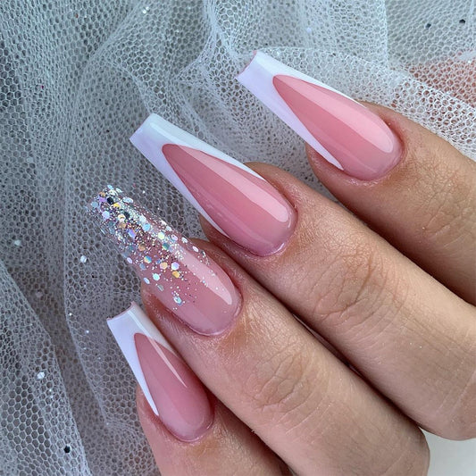 Bridal Bliss Medium Coffin Blush Pink Press On Nails with White Accents and Multicolor Glitter Detail
