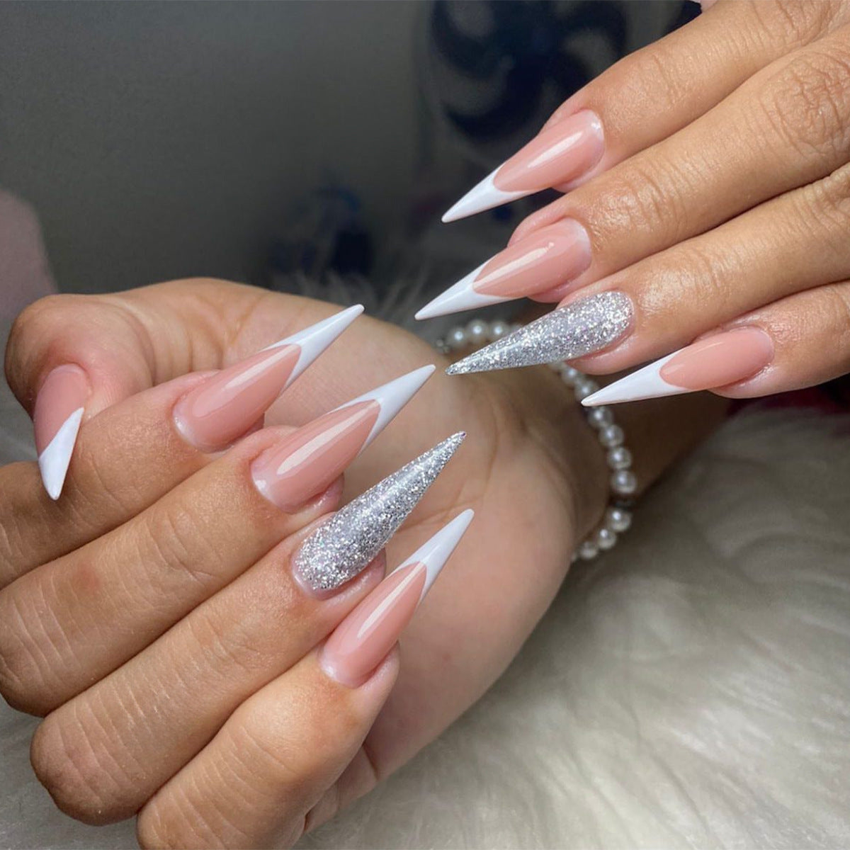 Glamorous Gala Long Stiletto Pink Press On Nails with White Tips and Sparkling Silver Glitter