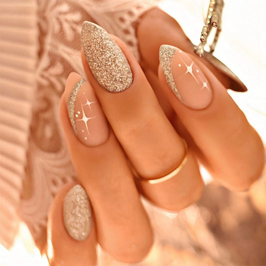 Glistening Glamour Medium Almond Beige Press On Nails with Sparkling Glitter Accents and Star Design