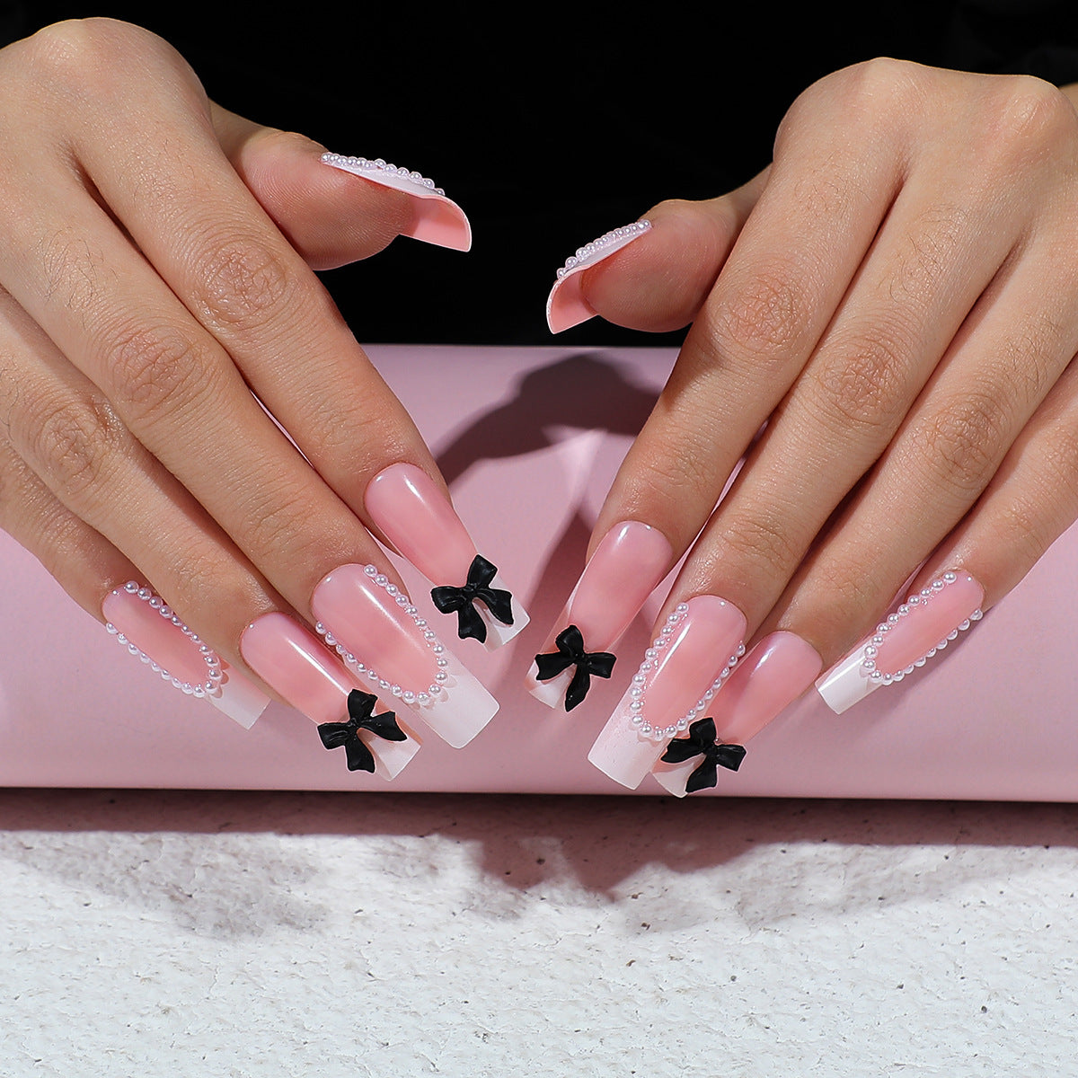 Bridal Bliss Long Square French Tip Press On Nails with Pearl Accents and Black Bow Details