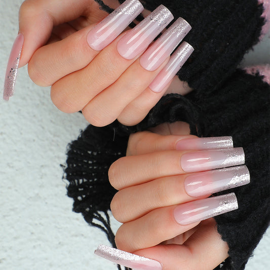 Glamorous Extra Long Square Beige Press-On Nails with Silver Glitter Tips
