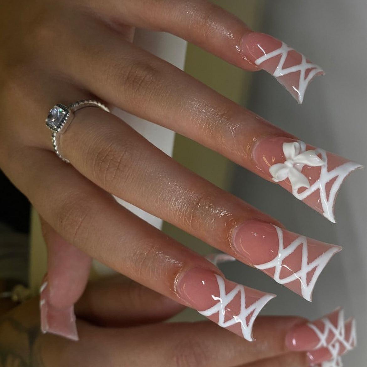 Fantasy Fete Extra Long Duck White Press-On Nail Set with Geometric Cut-Out Design and Bow Detail