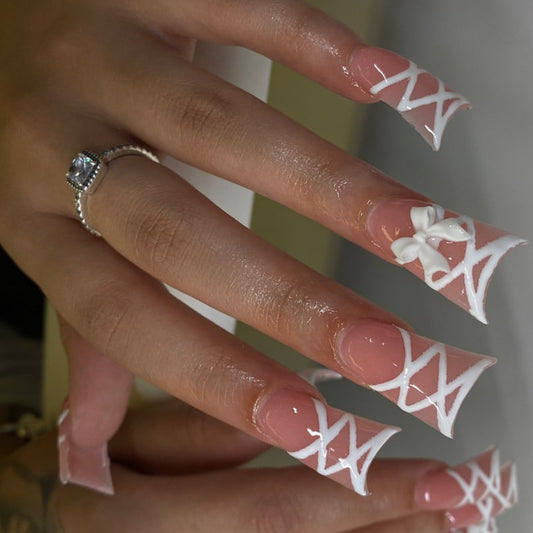 Fantasy Fete Extra Long Duck White Press-On Nail Set with Geometric Cut-Out Design and Bow Detail