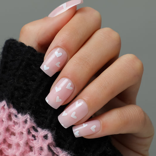 Love Whisper Medium Squoval Pale Pink Press-On Nail Set with White Heart Patterns