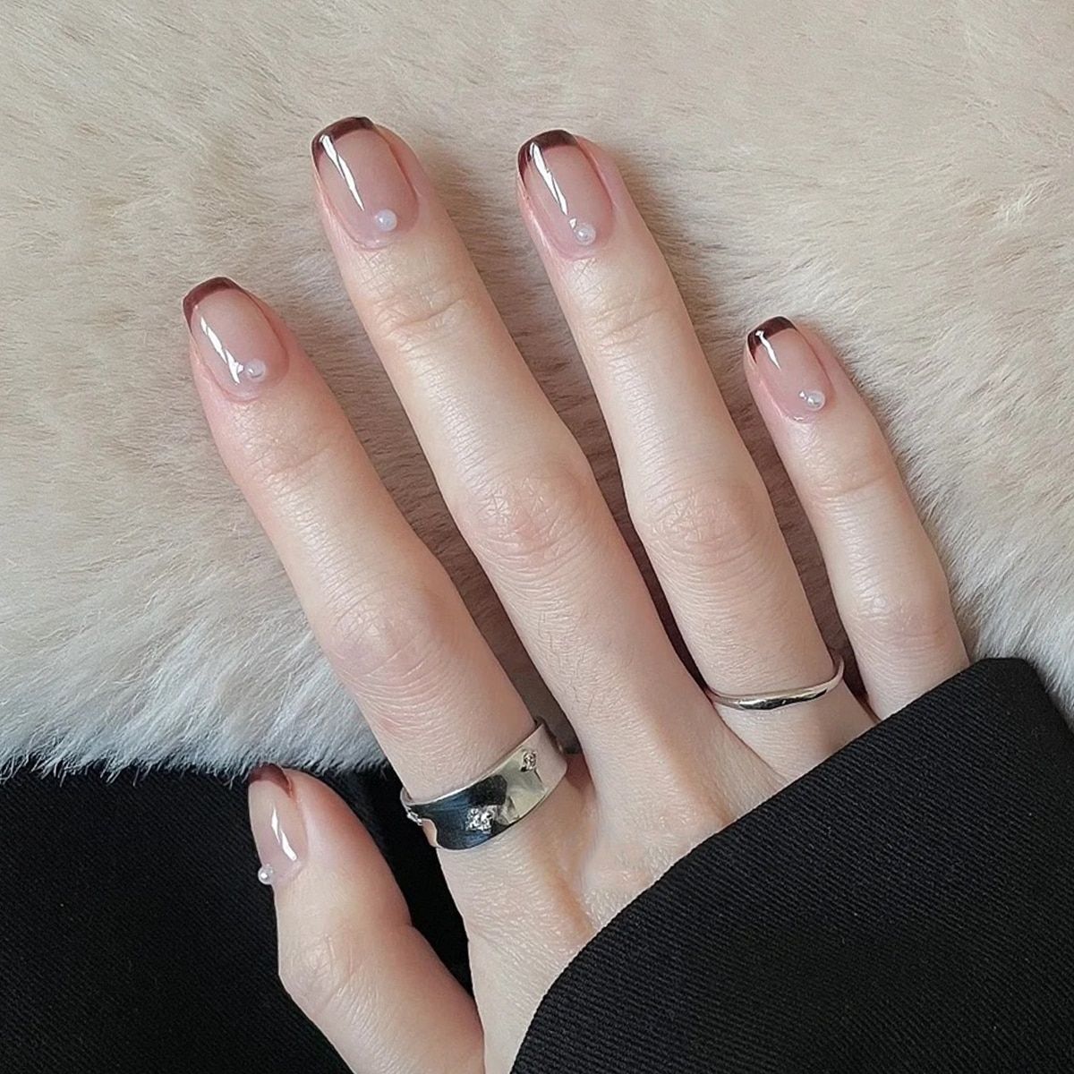 Classic Mocha Medium Square Press On Nail Set with Glossy Finish and White Accent Lines