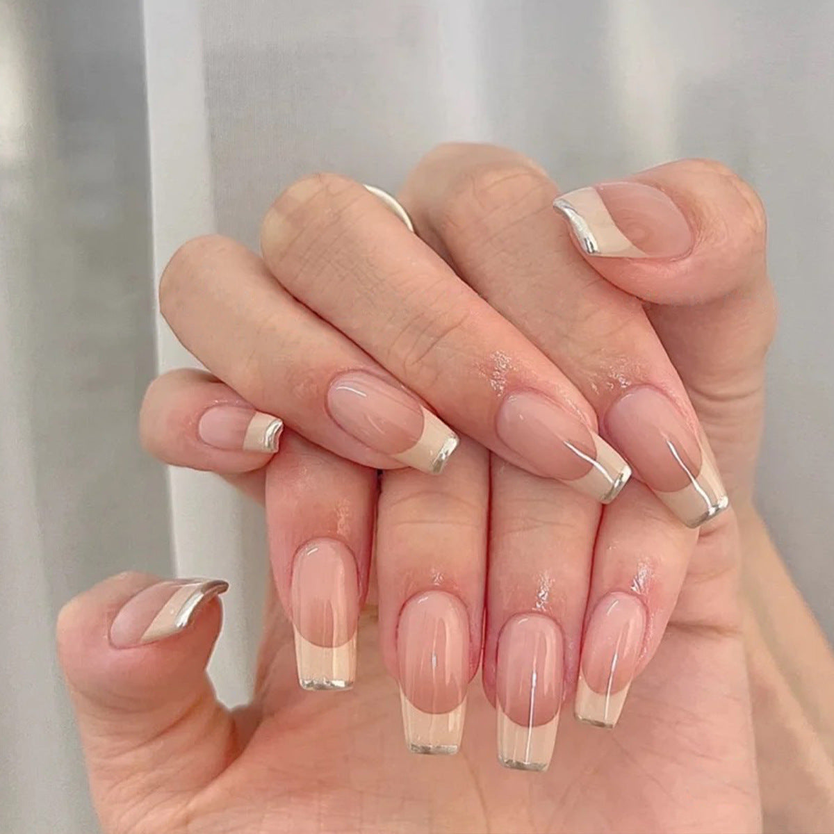 Classic French Medium Coffin Clear and Beige Press On Nail Set with Silver Stripe Accents