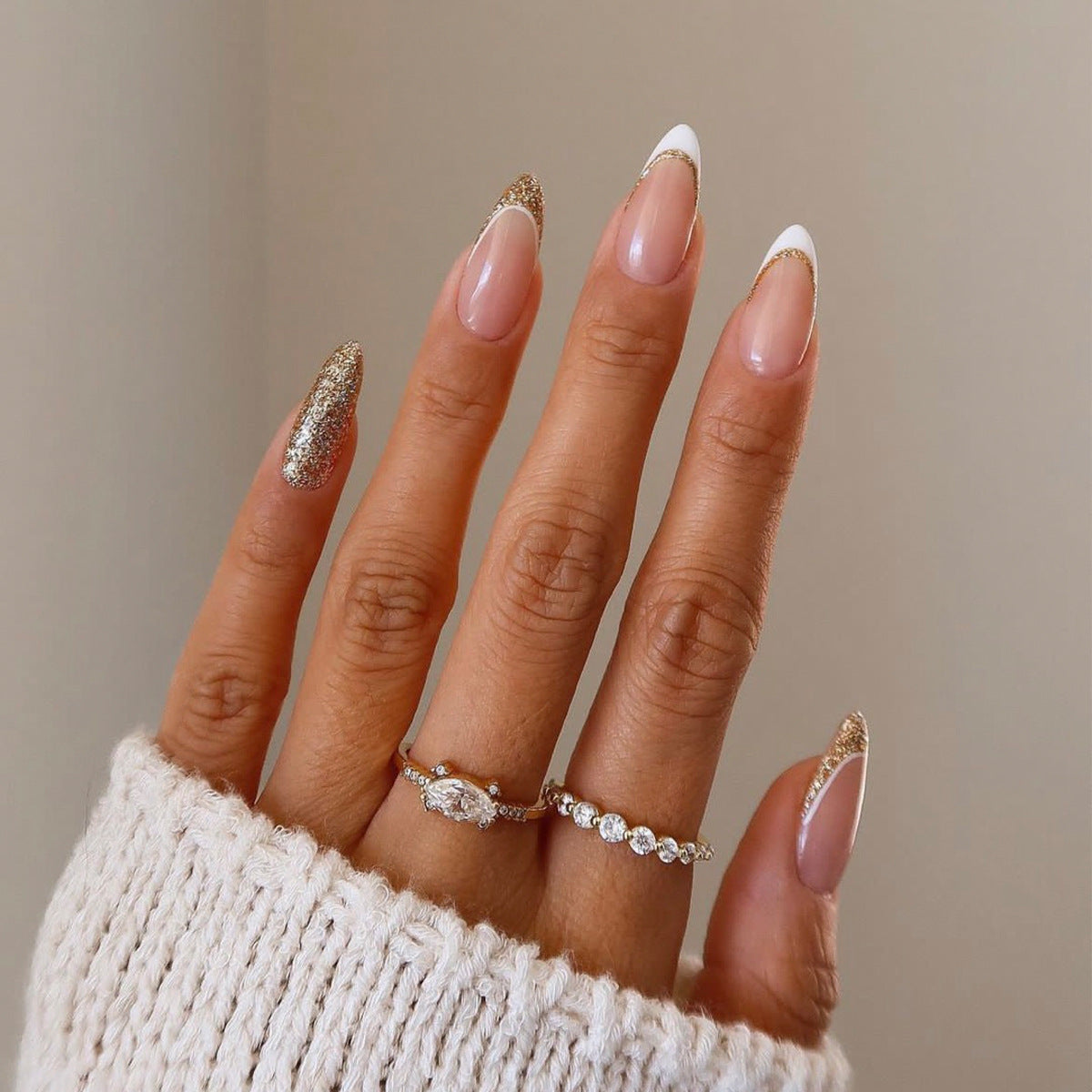 Elegant Bridal Long Almond Beige Press On Nails with Gold Glitter Accents and White French Tips