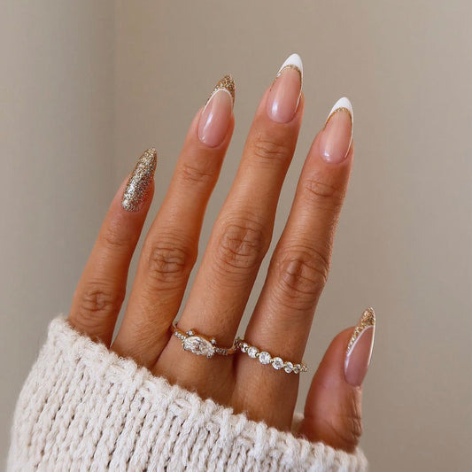 Elegant Bridal Long Almond Beige Press On Nails with Gold Glitter Accents and White French Tips