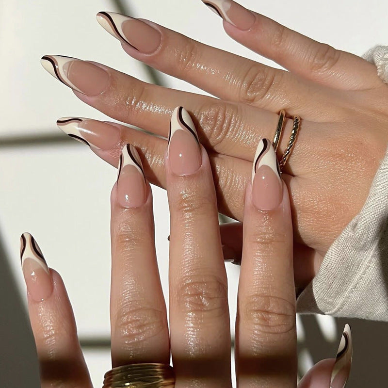 Classic Swirl Elegance: Medium Almond Beige Press-On Nails with Black Abstract Line Art