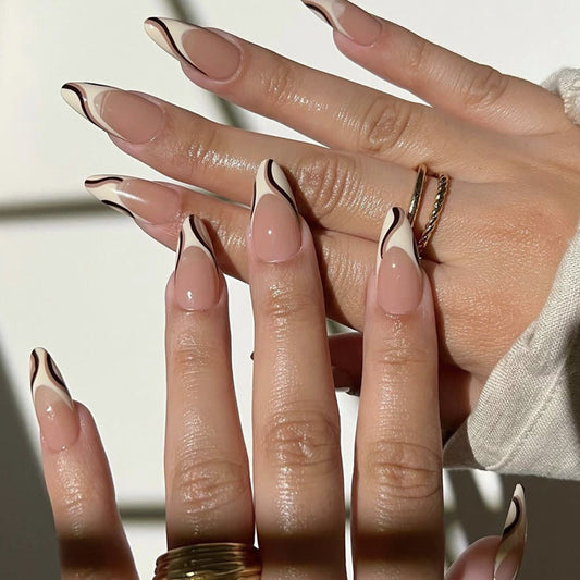 Classic Swirl Elegance: Medium Almond Beige Press-On Nails with Black Abstract Line Art