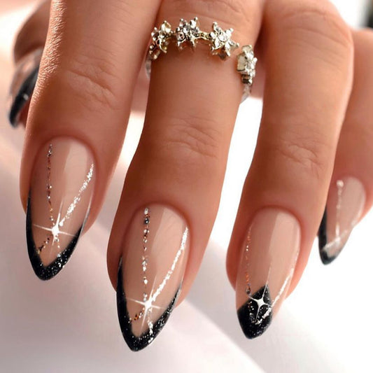 Glamorous Gala Short Square Press-On Nail Set in Black with Transparent Detail and Rhinestone Accents