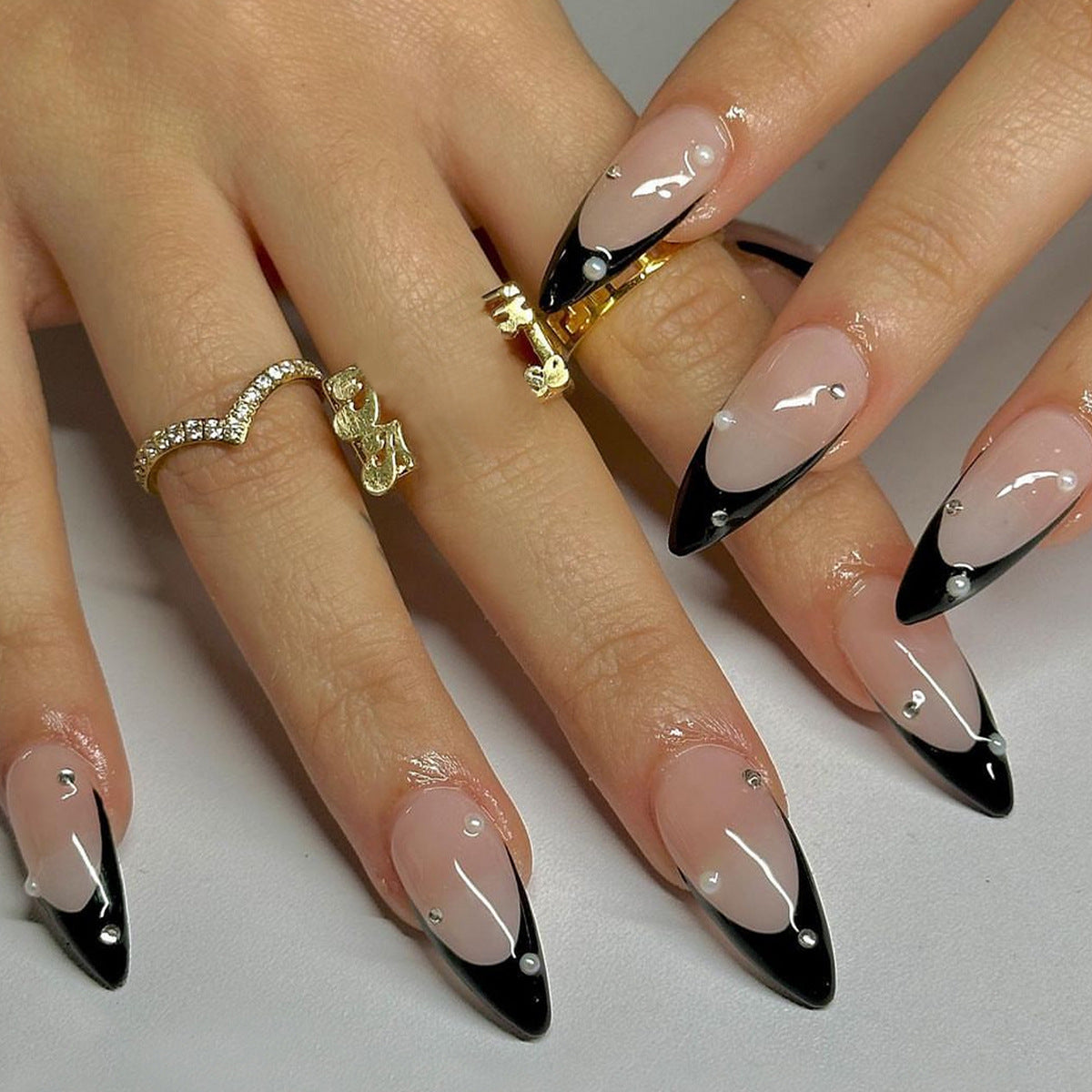 Glamorous Evening Long Almond Beige to Black Ombre Press On Nail Set with Crystal Embellishments