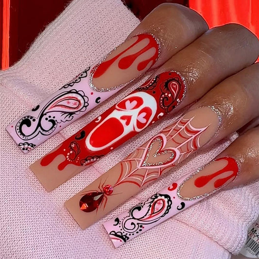 Valentines Day Romance Extra Long Square Red And White Press On Nails With Swirl Accents And Crystals