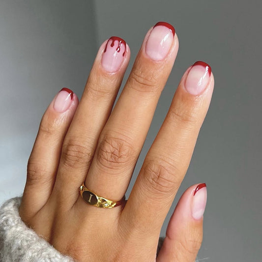 Chic Drip Medium Squoval Burgundy and Beige Press On Nail Set with Glossy Finish