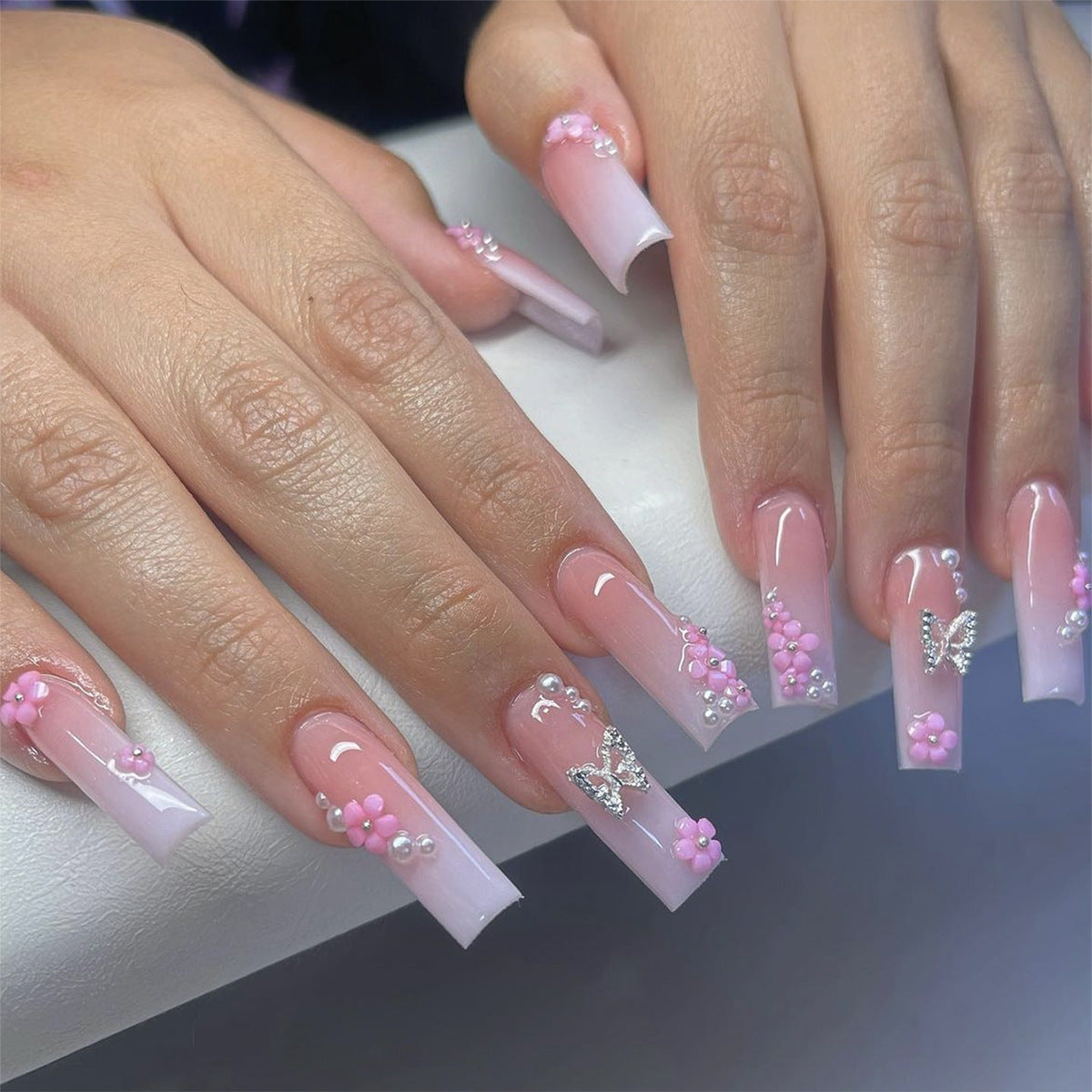 Spring Blossom Long Coffin Pink Gradient Press-On Nails with Butterfly Accents and Pearls