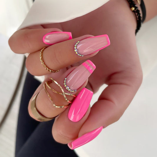 Flirty Flamingo Long Coffin Neon Pink Press On Nails with Rhinestone Accents