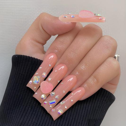Glamorous Gala Long Square Beige Press On Nails with Rhinestone Accents