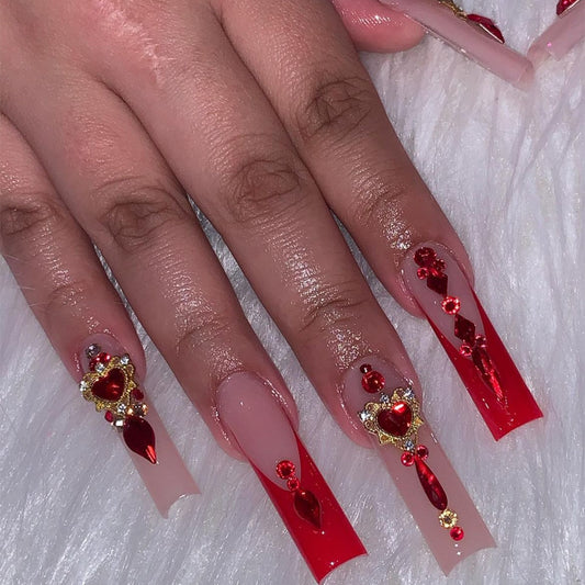Romantic Extra Long Square Ombre Red Press On Nails with Heart Gemstones and Glitter Accents