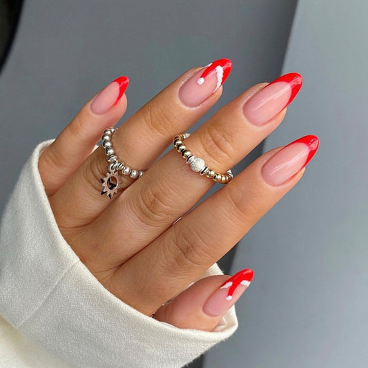 Chic Contrast Medium Almond French Tip Press On Nails with Bold Red Smile Line