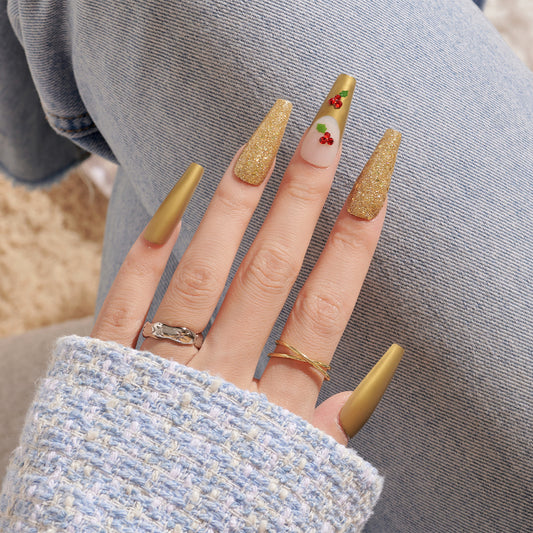 Holiday Sparkle Extra Long Coffin Olive Green and Gold Glitter Press On Nails with Holly Berry Accents