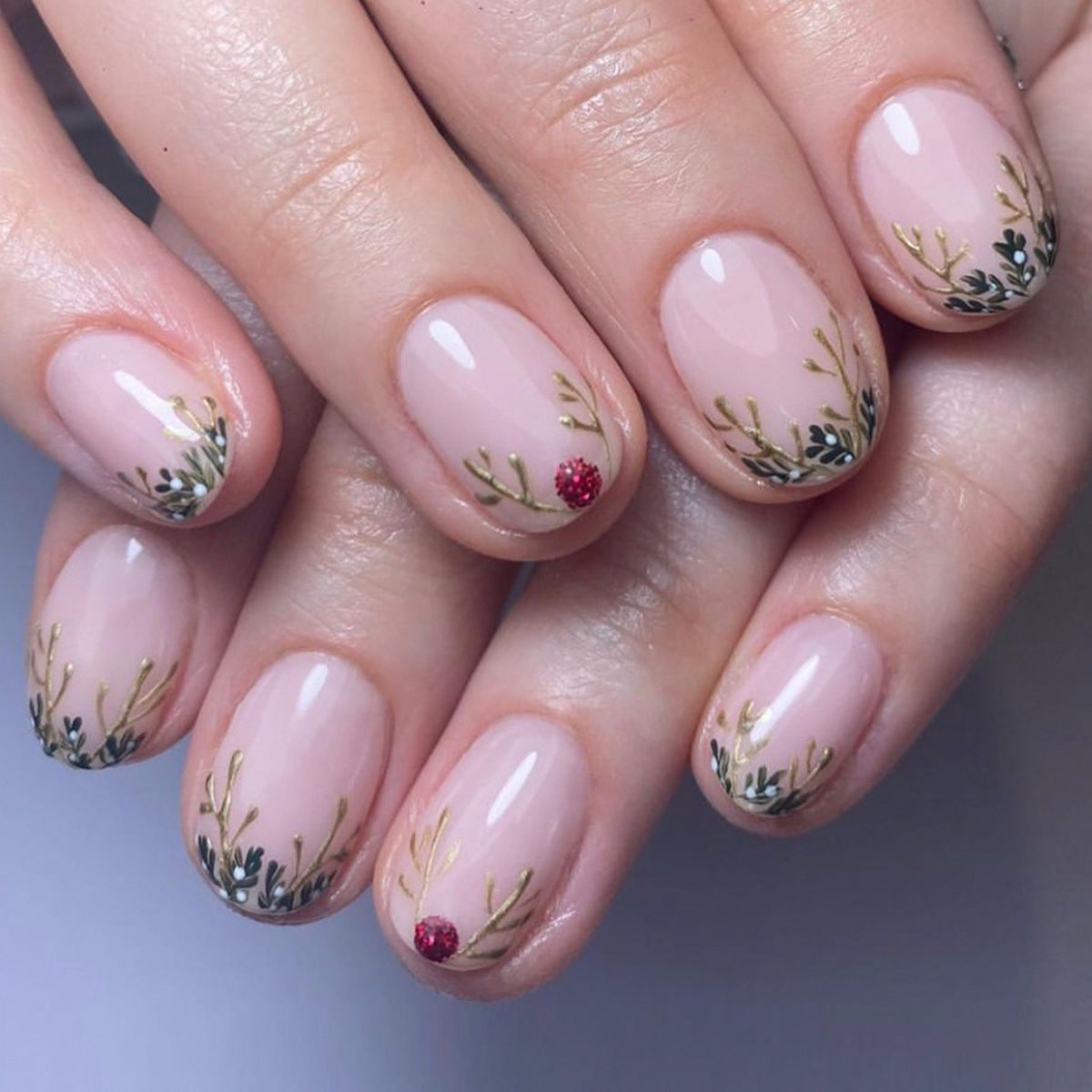 Botanical Bliss Short Oval Beige Press On Nail Set with Gold Flakes and Red Gem Accents