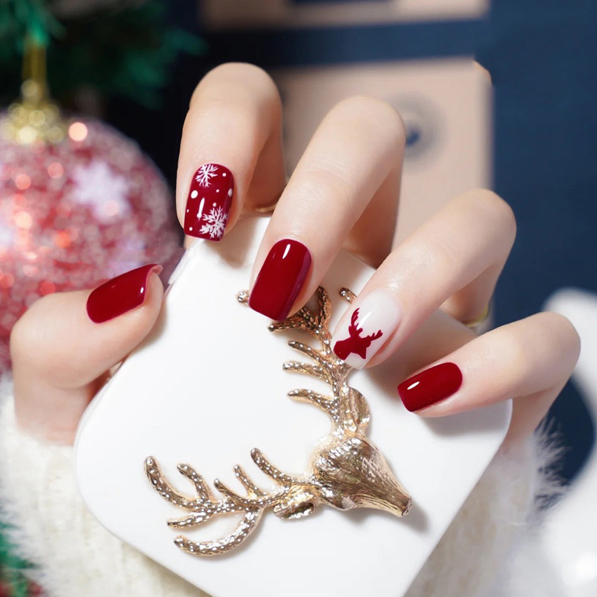 Holiday Cheer Medium Square Burgundy Press On Nail Set with Snowflake and Reindeer Design