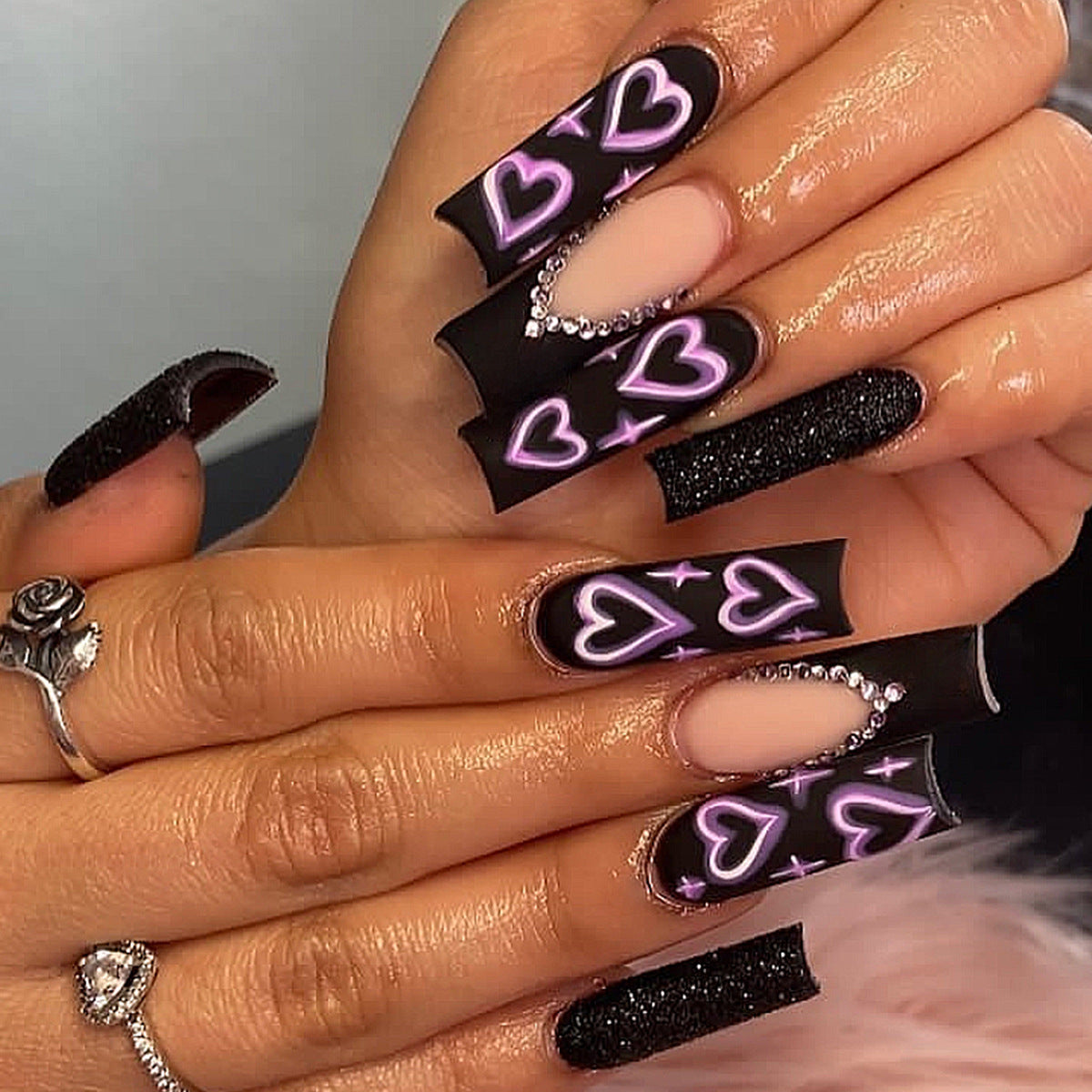 Gothic Romance Extra Long Square Black Press-On Nails with Pink Heart Design and Glitter Detail