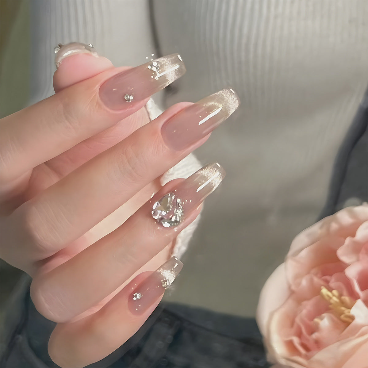 Chic Natural Medium Coffin Beige Press-On Nails with Gold Glitter Tips and Crystal Embellishments