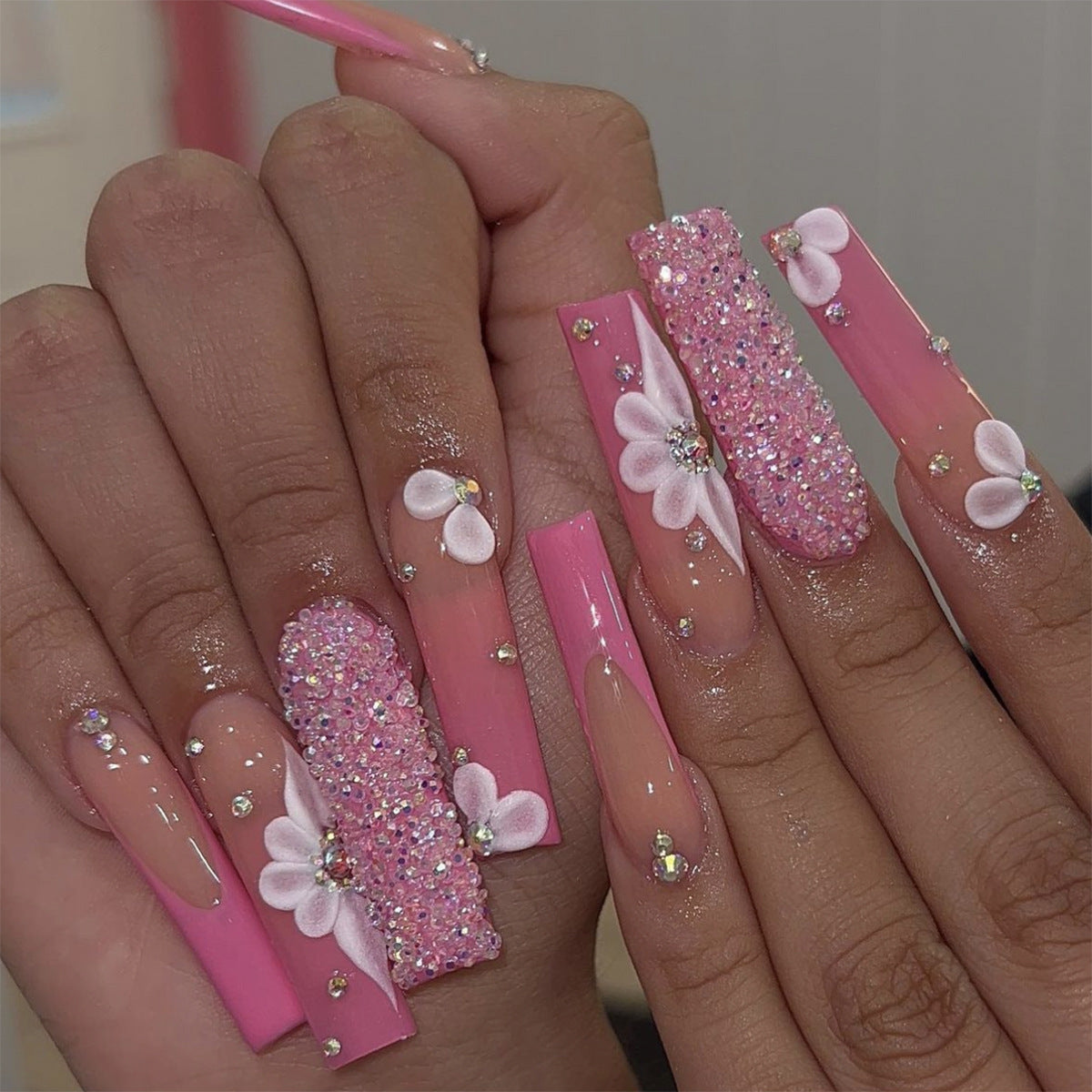 Cherry Blossom Charm Extra Long Square Pink Press-On Nails with Glitter Accents