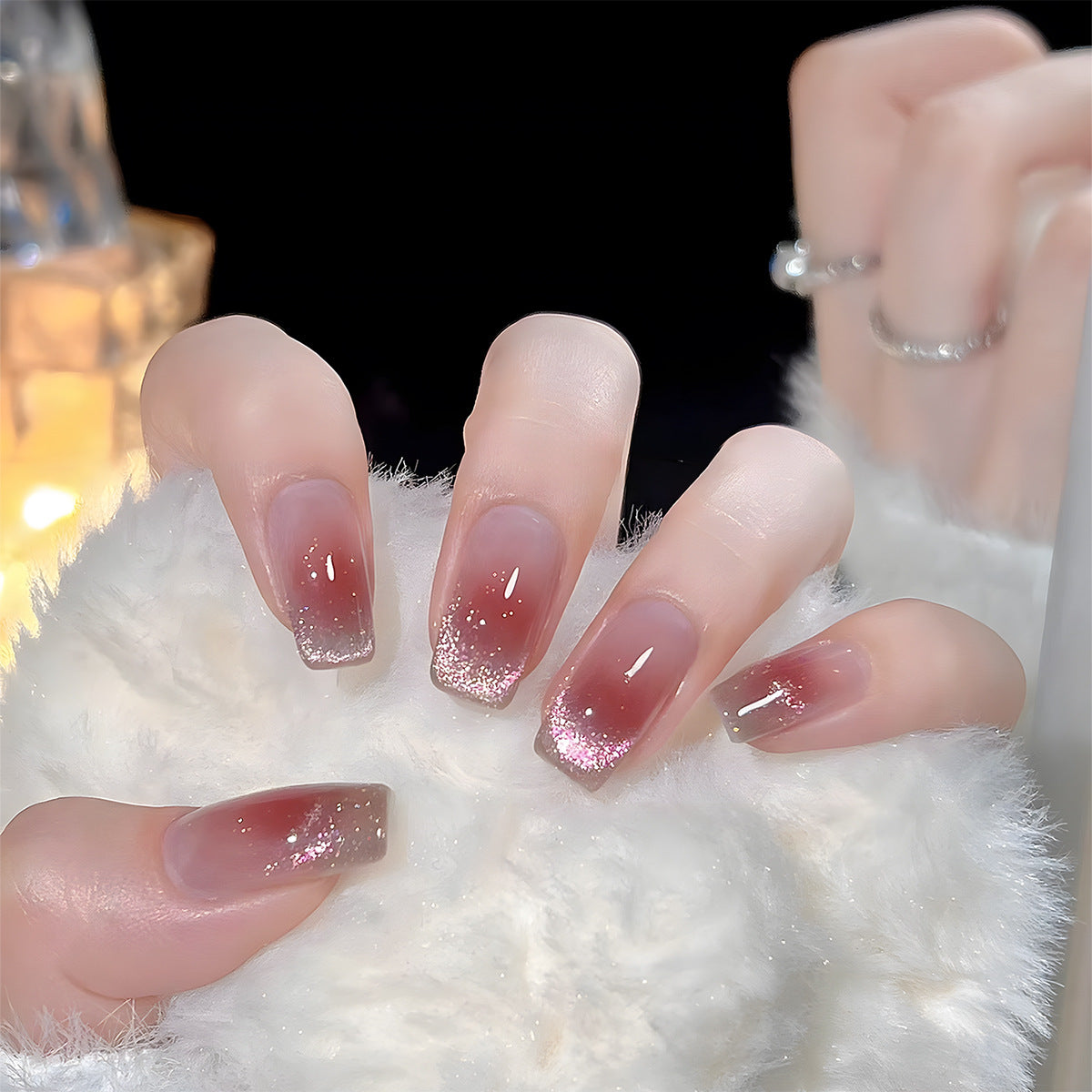 Winter Whisper Medium Coffin Beige with Pink Glitter Fade Press On Nail Set