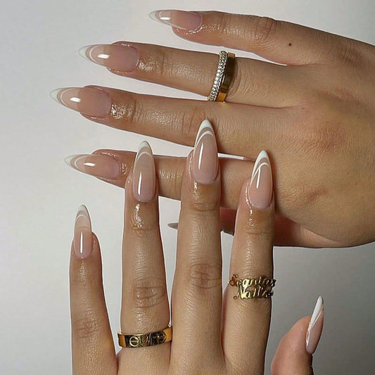 Chic Contour Medium Stiletto Beige Press On Nail Set with White V French Tips