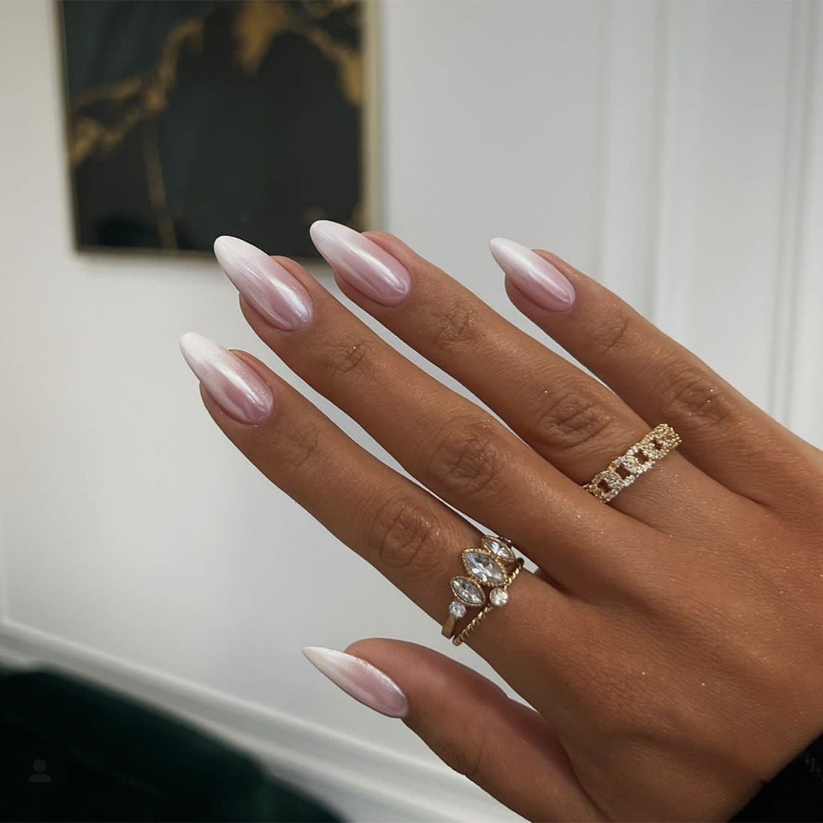 Sophisticated Long Almond Pink Ombre Press-On Nails with Pearly Sheen Finish