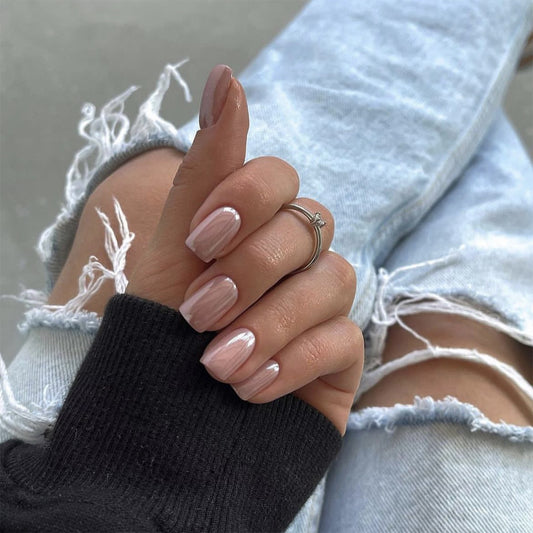 Casual Chic Medium Square Beige Press On Nails with Subtle Stripe Accents