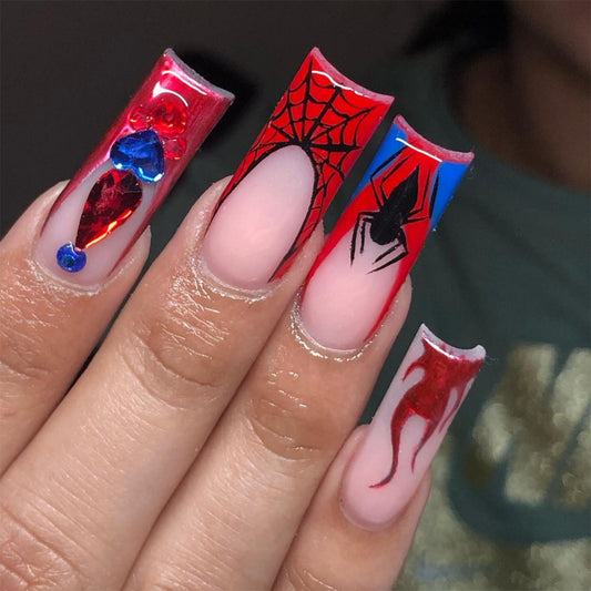 Vibrant Long Square Red And Blue Press On Nails With Jewel Accents And Web Design