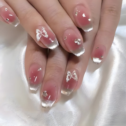 Bridal Bliss Medium Coffin Beige and Silver Glitter Ombre Press-on Nails with Rhinestone Accents