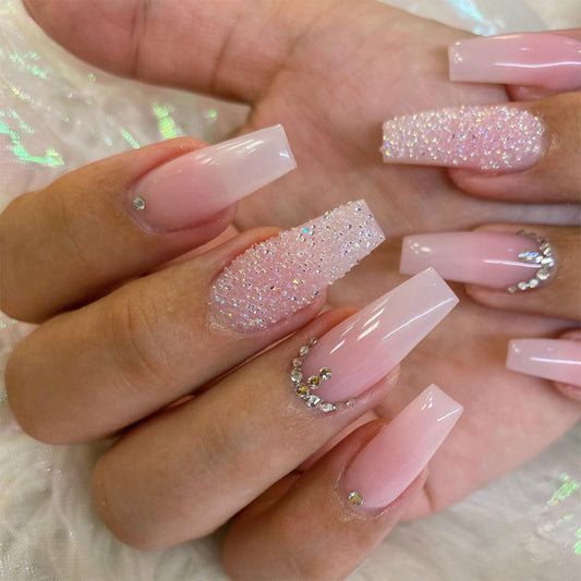 Glistening Petal Long Coffin Press-On Nail Set in Baby Pink with Glitter and Rhinestone Embellishments