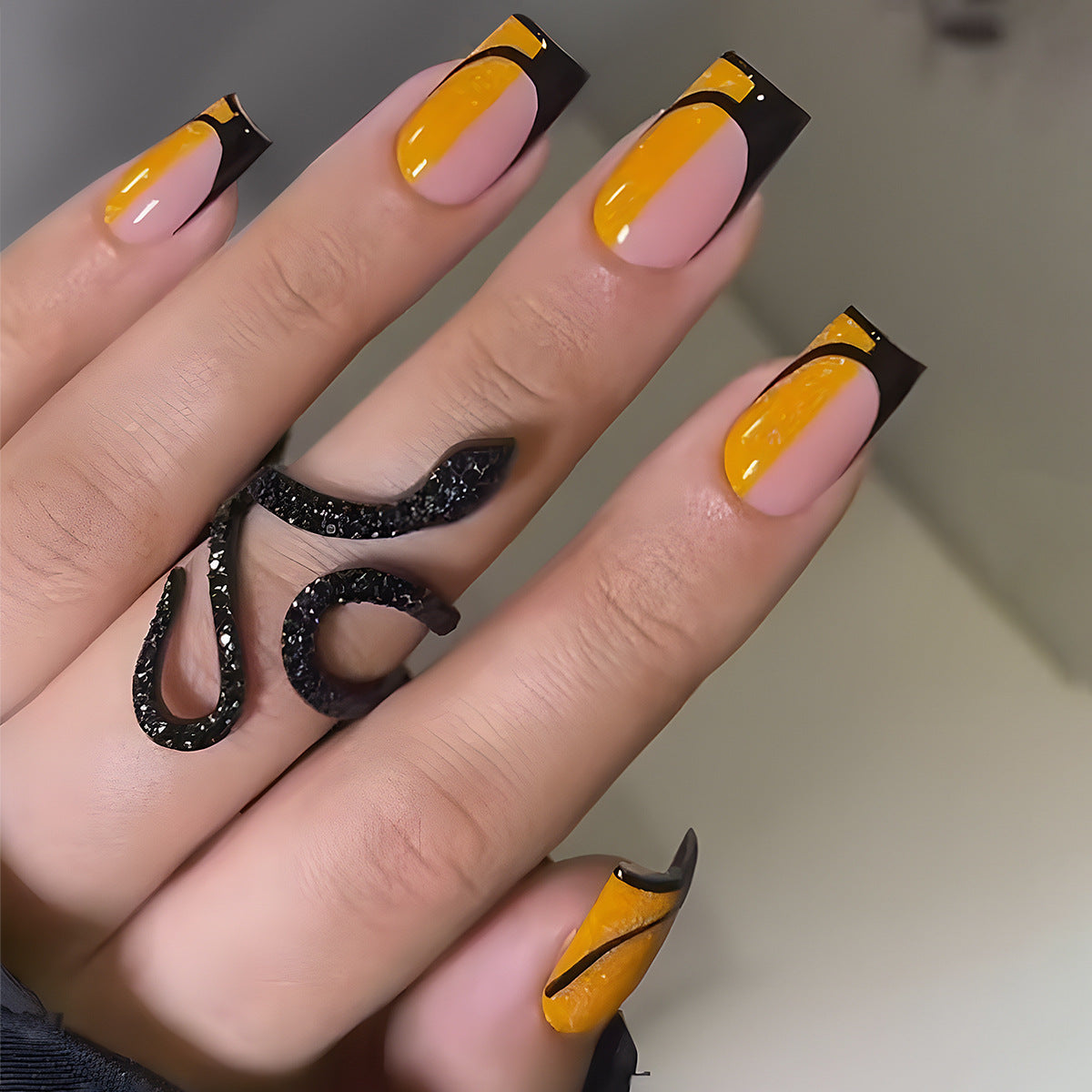 Autumn Sunset Medium Square Peach with Bold Yellow Tips Press On Nail Set