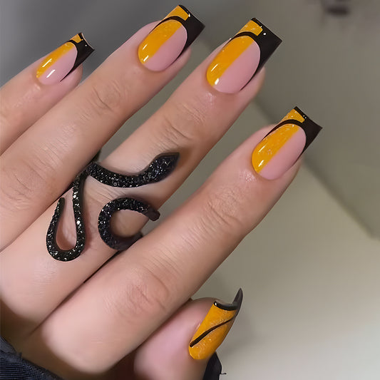 Autumn Sunset Medium Square Peach with Bold Yellow Tips Press On Nail Set