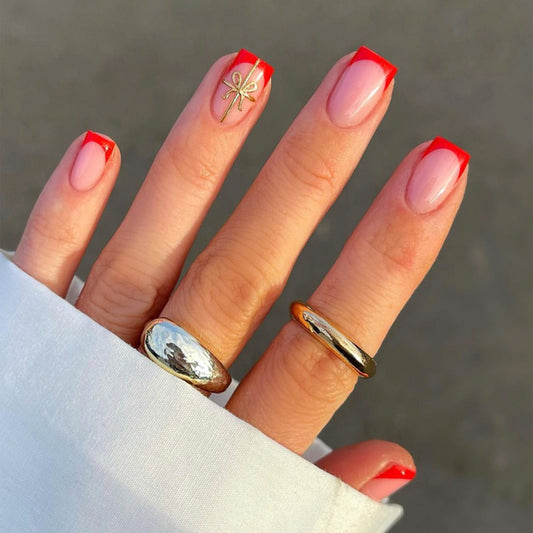 Chic Elegance Medium Square Pink Press On Nails with Red Tips and Gold Dragonfly Charm