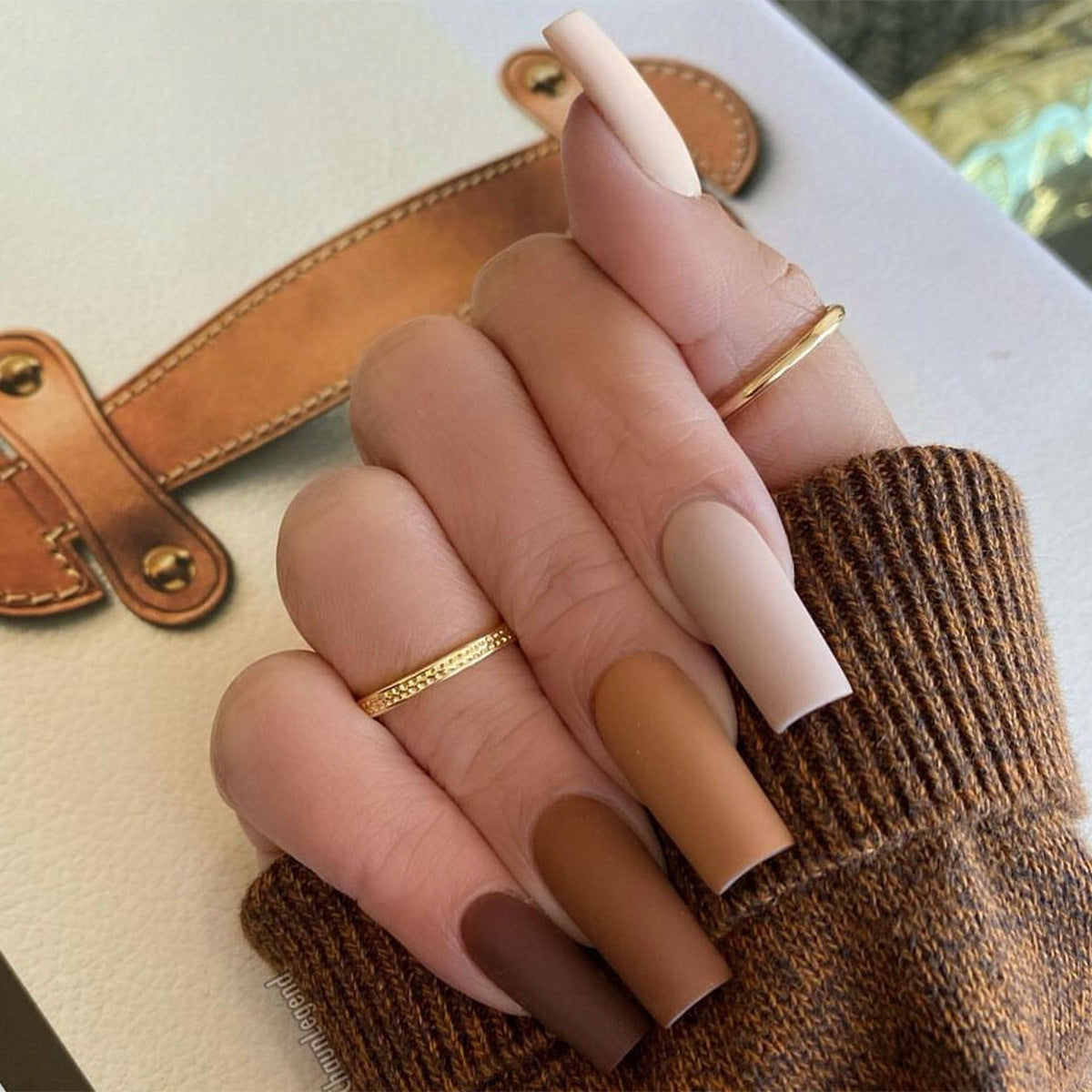 Autumn Elegance Extra-Long Square Press-On Nail Set in Gradient Brown Tones with Matte Finish