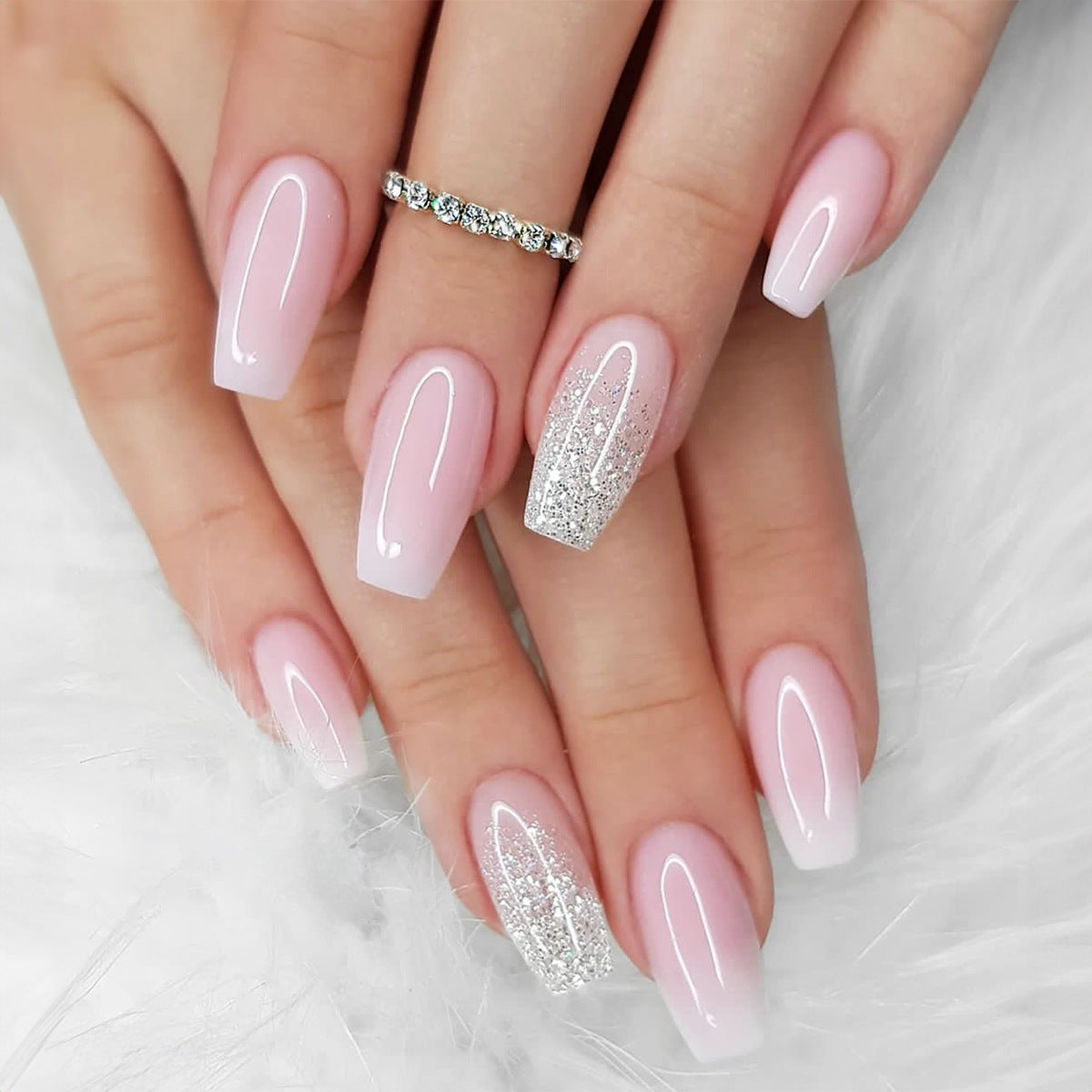Soft Romance Long Coffin Baby Pink Press On Nails with Glitter Accents