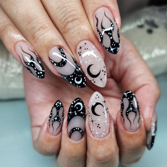 Celestial Charm Long Almond Beige Press-On Nails with Black Abstract Swirls and Cosmic Accents