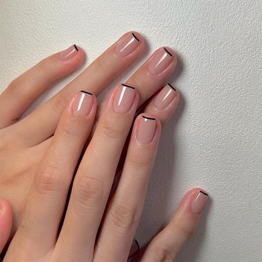 Sophisticated Chic Short Square Press On Nail Set with Beige Base and Black French Tips