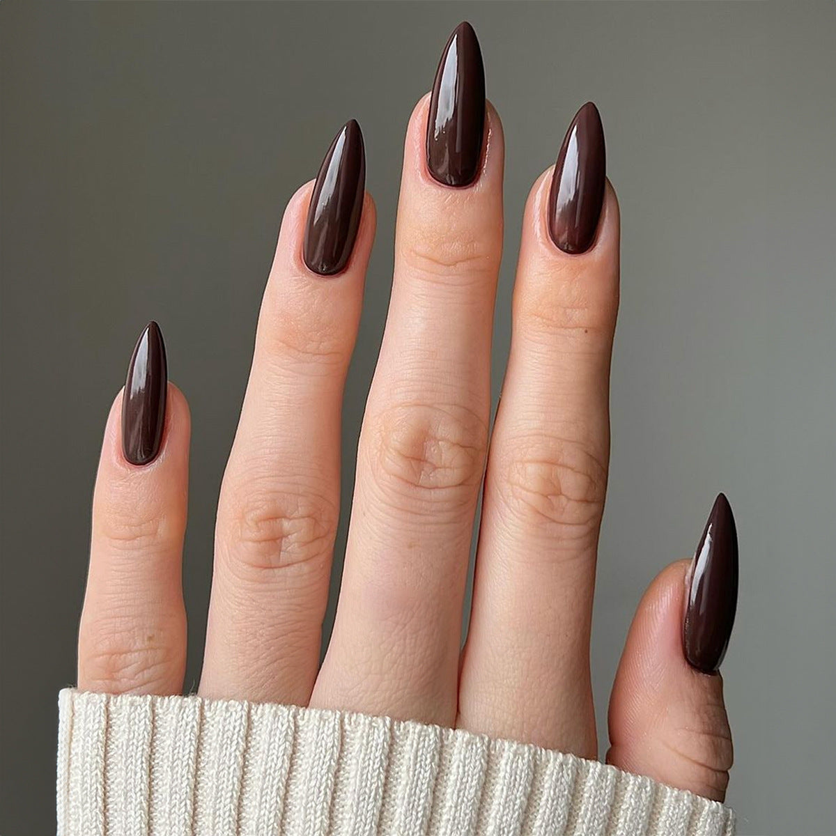 Enchanted Espresso Long Almond Press On Nail Set with Glossy Finish