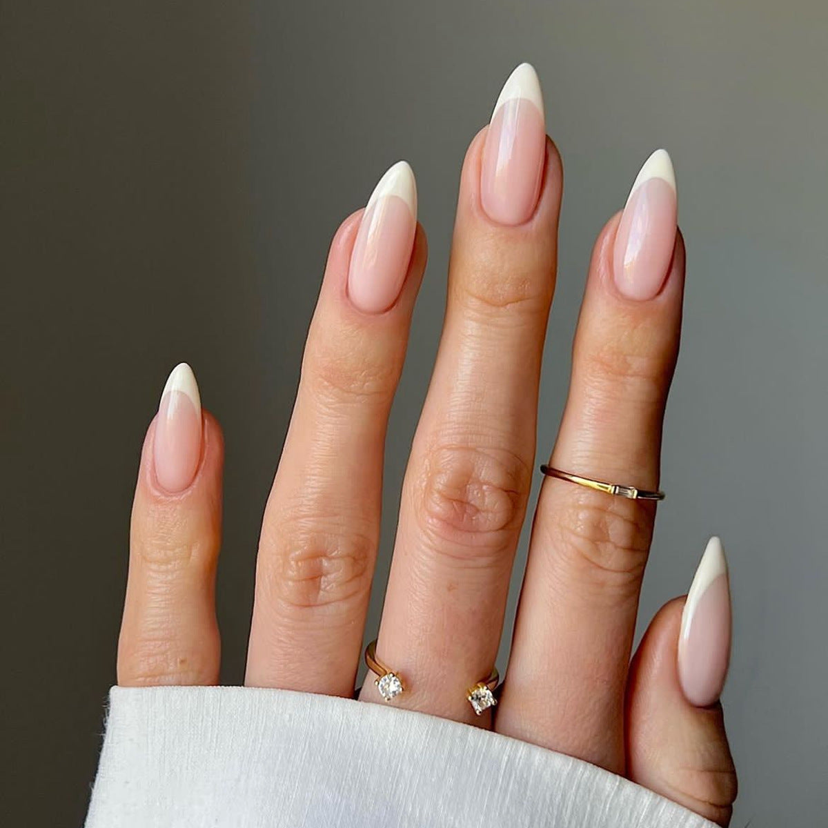 Sleek Chic Medium Almond Beige Press-On Nails with Elegant White Tips