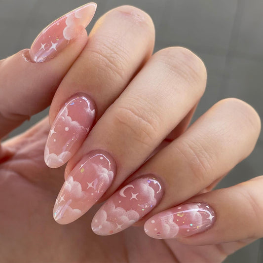 Dreamy Skies Long Oval Pink Press On Nails with Clouds and Glitter Accents
