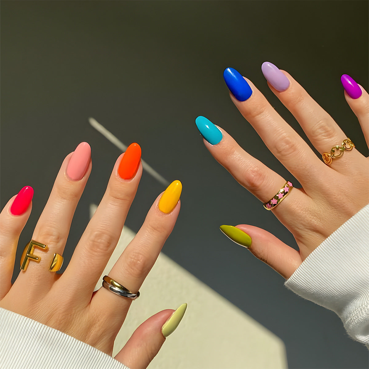 Rainbow Delight Medium Almond Press-On Nail Set in Vivid Multicolor Palette