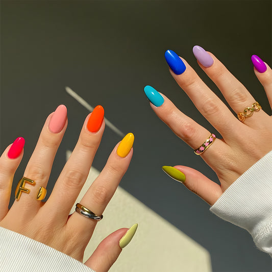 Rainbow Delight Medium Almond Press-On Nail Set in Vivid Multicolor Palette
