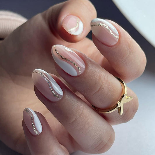 Elegant Affair Medium Almond Beige Press On Nails with Gold Glitter Accents