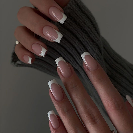 Classic Cozy Long Coffin Press On Nail Set, Sheer Beige with White French Tips and Subtle Accent Designs